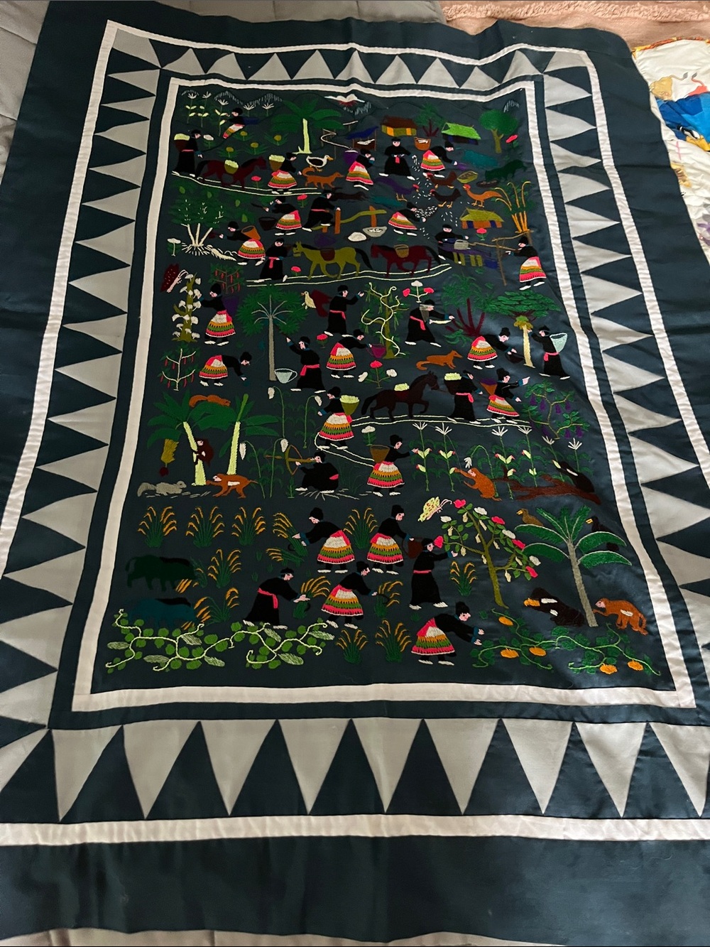 Hmong story cloth quilted Embroidered wall hanging  animals